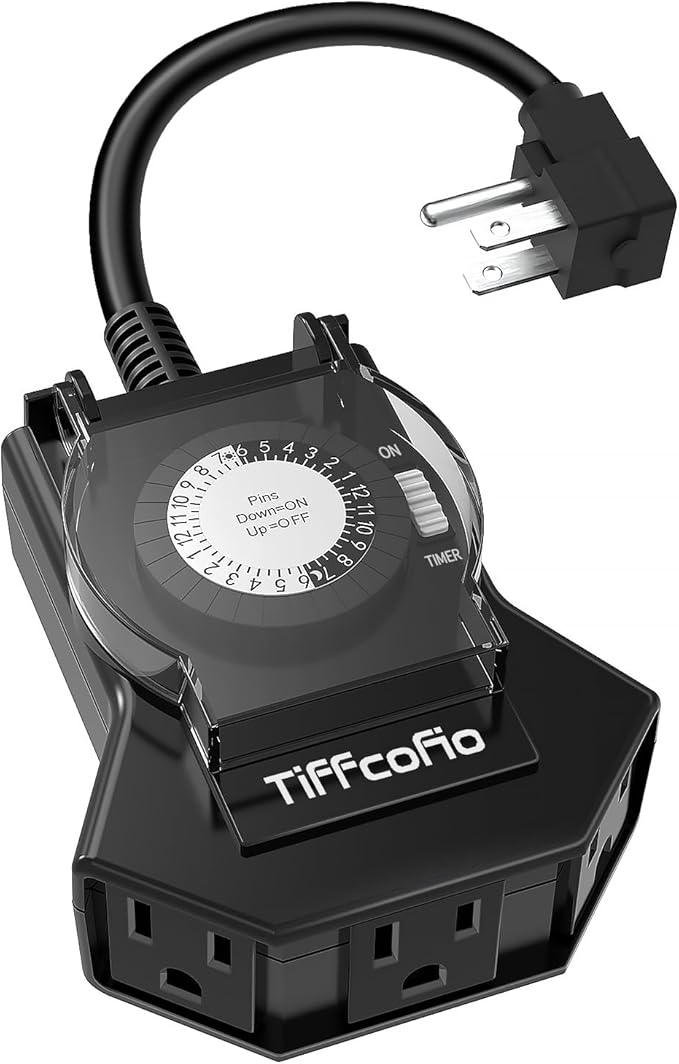 TiFFCOFiO Outdoor Timer Outlet Waterproof, 24 Hour Mechanical Light Timer Outdoor, 3 Grounded Outlets for Home and Garden, 15A 1/2HP, Heavy Duty, ETL Listed (1 Pack)