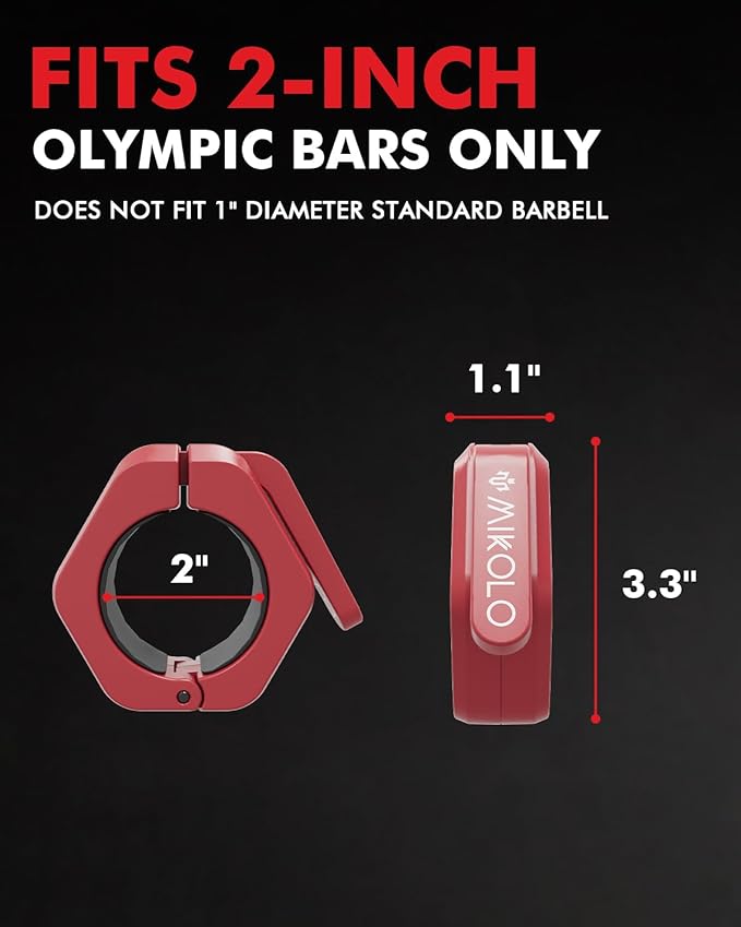 Mikolo Barbell Clamps,2-Inch Olympic Barbell Clips with Anti-Slip TPR Lining and Quick Release for Home and Gym Use(Non Magnetic Red)