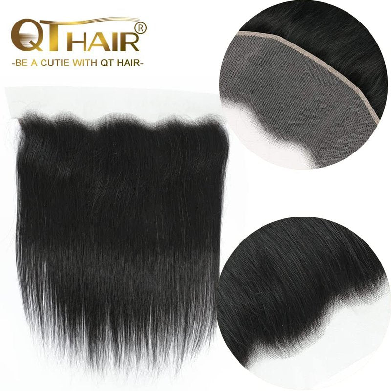 QTHAIR Straight HD Lace Frontal Human Hair 18A Brazilian Straight Human Hair Ear to Ear 13x4 Swiss Lace Frontal(14",Natural Color) Pre Plucked Natural Hairline with Baby Hair
