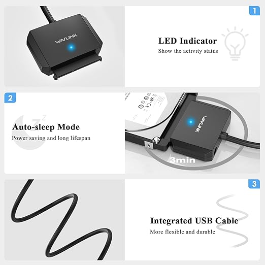 WAVLINK SATA to USB Type-A Hard Drive Cable, 5Gbps USB3.0 to Sata Cable Support UASP, External Hard Drive SATAI/II/III Connector 2.5" SSD/HDD and 3.5" HDD up to 20TB, Power Adapter Included