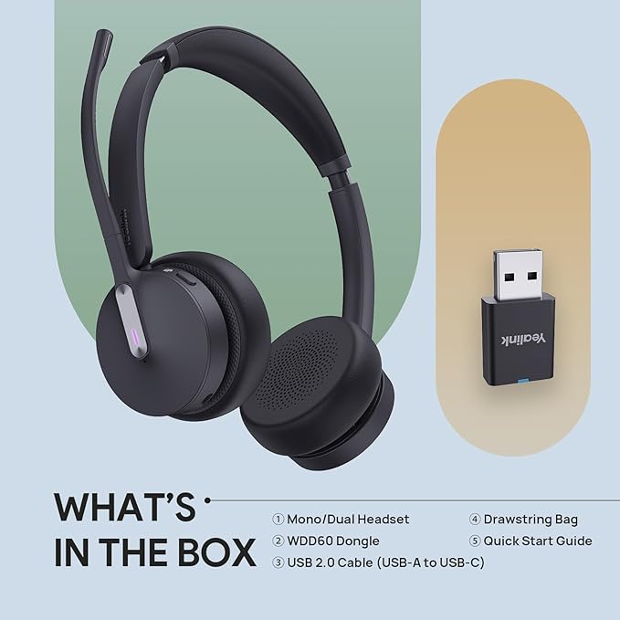 Yealink WH64 Hybrid DECT& Bluetooth Wireless Headset,492ft Range Dual Teams Headphones with DECT Dongle, 3X Noise Cancelling Mic, 32H Talk Time, Office Work Portable Headsets for PC,Cellphone,Laptop