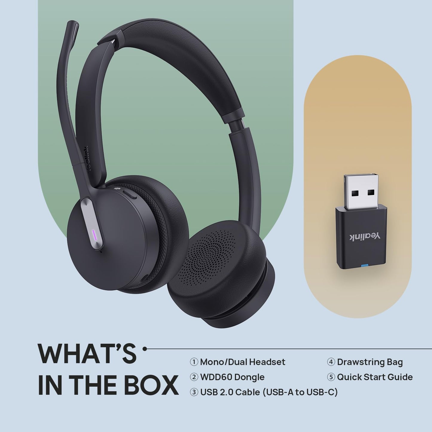 Yealink WH64 Hybrid DECT& Bluetooth Wireless Headset, 492ft Range Mono Teams Headphones with DECT Dongle, 3X Mic, 26H Talk Time, Office Work Portable Single On Ear Headsets for PC,Cellphone,Laptop