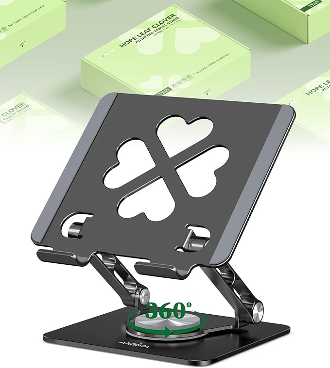 Axbima Tablet Stand for iPad, 360° Rotating Aluminum Desktop Holder – Adjustable & Foldable Desk Stand Compatible with iPad Pro 12.9/11, Air 10.9, Samsung Tab S9, Portable for Home Office, Black