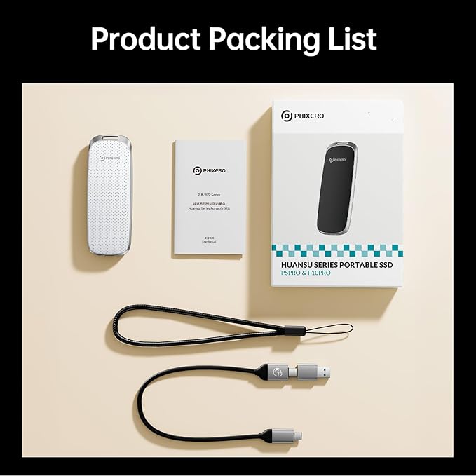 PHIXERO P10PRO External NVMe SSD 256GB, Up to 1050MB/s, USB 3.2 Gen2, Includes 2-in-1 USB C Cable, Portable Hard Drive for iPhone 15/16 PRO/Android/Mac, White