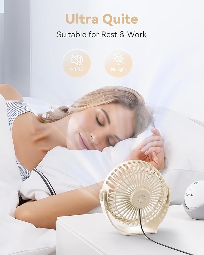Edvision USB Desk Fan, 5 Inch Mini Portable, 3 Speeds Strong Airflow Personal Desktop, Detachable Cooling Fan 360° Rotation Quiet Small Fan for Desk Home Office Travel Car, Beige, 5ft Cable