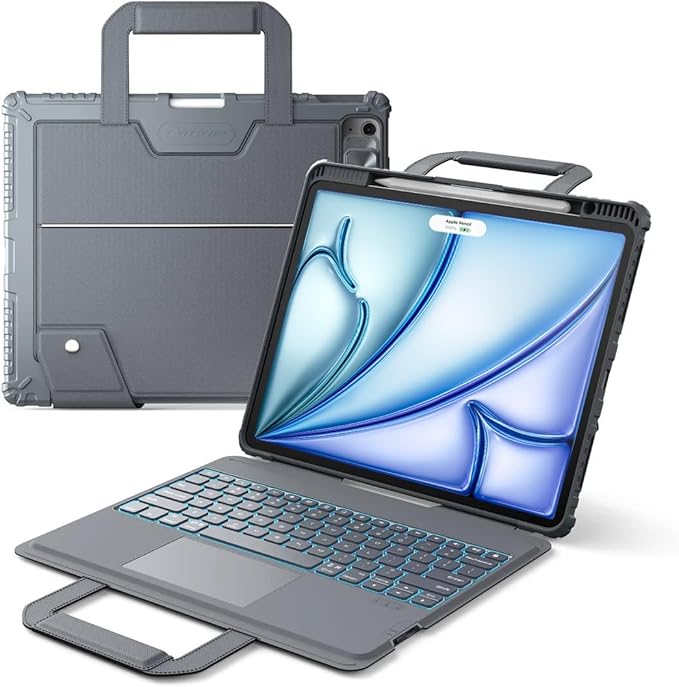 Nillkin Carry Go Keyboard Case for iPad Air 13 inch (M4/M3/M2) with Handle, iPad Pro 12.9 (3rd-6th Gen) Rugged Case with Detachable Keyboard, Magic Trackpad, 7 Colors Backlit, Camera Cover, Gray