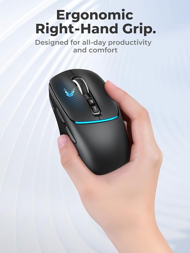 RAPIQUE Bluetooth Wireless Mouse, Dual Bluetooth + 2.4G, Connect Up to 3 Devices, USB-C Rechargeable, Quiet Click, 4 DPI Levels up to 3200, Ergonomic Right-Hand Design for PC, MacBook, Laptop - Black