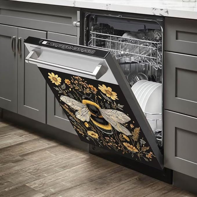 Flower and Bee Wallpaper Dishwasher Magnet Cover Sticekr - Kitchen Decorative Fridge Panel Decal - Kitchen Appliances Decorate Sticker - 23W x 26H inchs