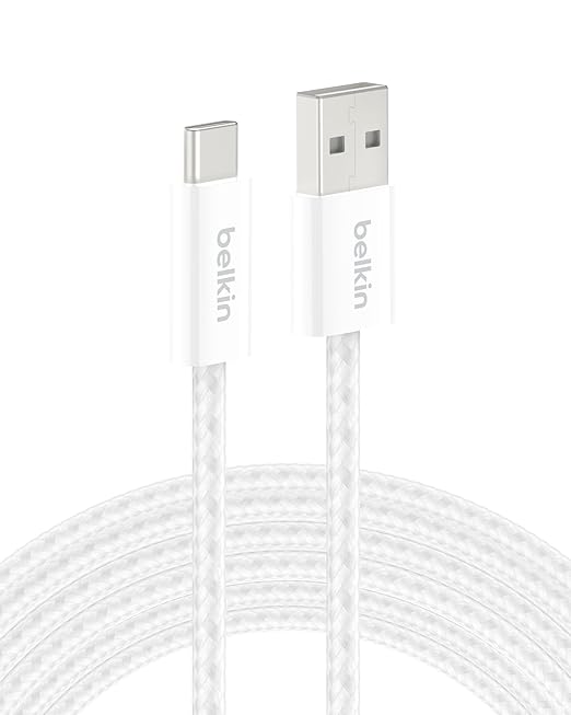 Belkin USB A to USB C Cable, 9.9ft, 15W - Type C Charger, iPhone Charger Cord, Soft, Braided, Flexible for iPhone 17 & 16, Galaxy S26, Pixel 10, iPad Pro, Airpods Pro, Switch & More - White