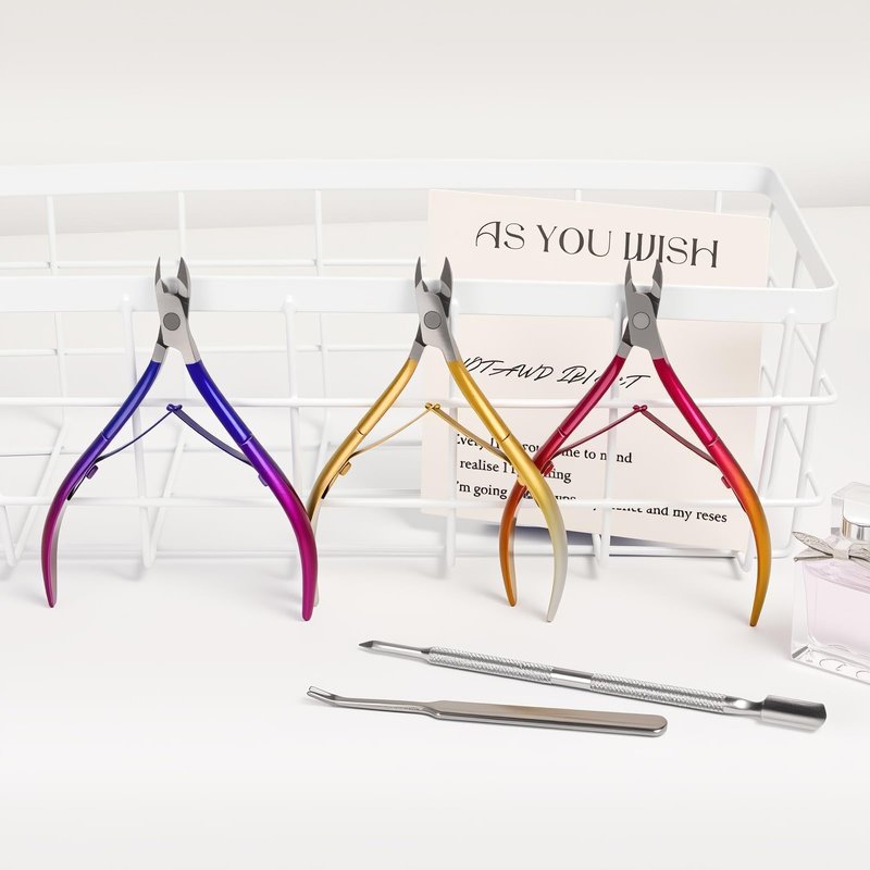 Cmetta Cuticle Nipper, Polished Coated Durable Trimmer with Pusher, Nail Clipper with Fine Edge, Comfort Grip Cuticle Cutter and Remover Tool Kit for Nail Care (Yellow+ Rose+ Pusher)