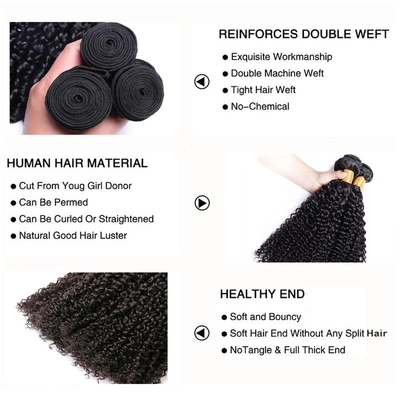 Curly Wave Bundles Human Hair Raw Kinky-Curly Human Hair Bundles 14 14 14 Inch Natural Black Ultra Soft No Tangle Afro Raw Remy Hair Extensions