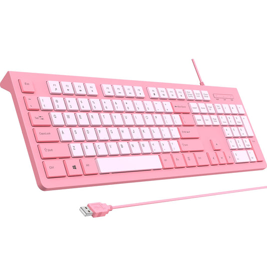 Wired Keyboard, Ultra-Thin USB Wired Computer Keyboard, Low-Profile Keys, Spill-Resistant, Multimedia Keys, Compatible with Windows, Mac, Chrome, Linux, and Android-Rose Pink