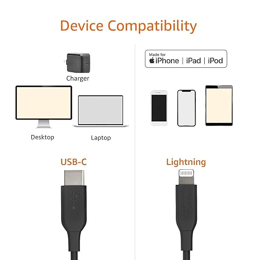 Amazon Basics USB-C to Lightning Cable, Apple MFi Certified, Power Delivery, Data Transfer, 3 Feet, Black