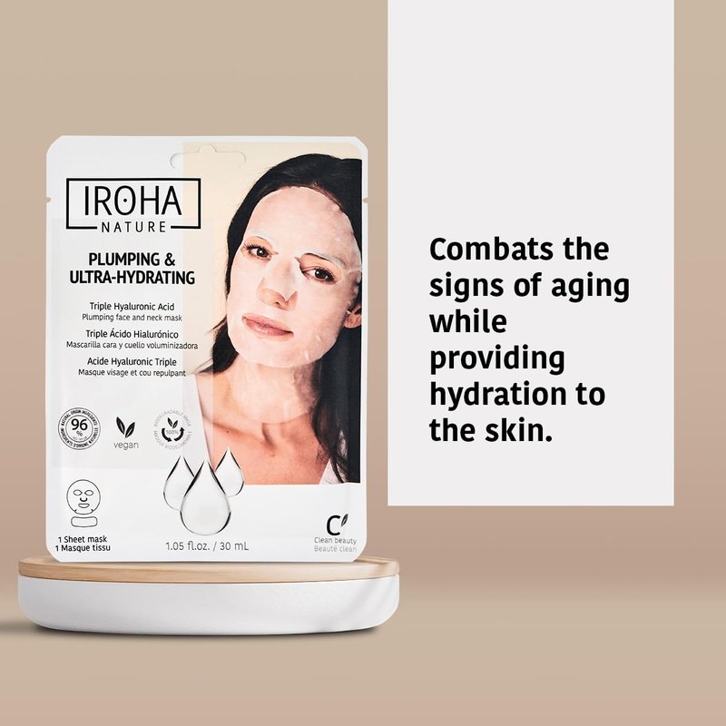 IROHA NATURE Replumping & Anti-Aging Tissue Face Mask (Pack of 5) | With Triple Hyaluronic Acid | Deep Hydration & Anti-Aging Effect | For Softer Skin | 100% Vegan