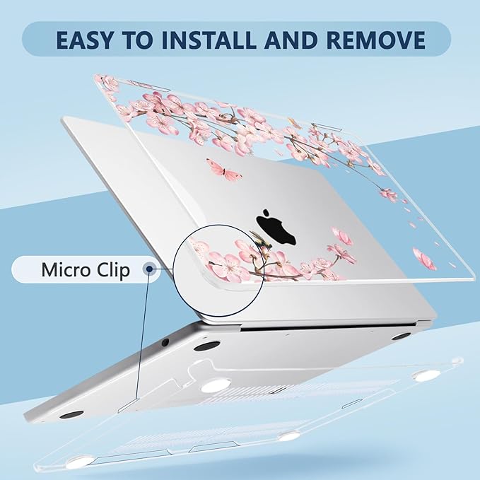 MecBevia Compatible with 2026 M5 MacBook Air 13 inch Case 2026 2025 2024-2022 M5 A3449 M4 A3240 M3 A3113 M2 A2681, Keyboard Cover, Screen Protector, Webcam Cover & Type-C OTG, Butterflies Sakura