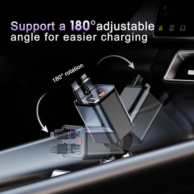 4 in 1 Retractable Car Charger,69W USB-C Fast Car Charger, for iPhone16/15/14/13/12,Cigarette Lighter Charger (Grey, Dual Type C &RGB Breathing Light [Black])