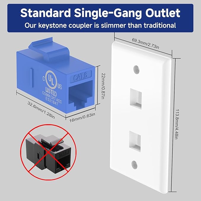 VCE Ethernet Wall Plate (UL-Listed), 2-Port CAT6 Wall Plate and Jack, RJ45 Keystone Wall Outlet with Single Gang Low Voltage Mounting Bracket, Blue 2-Pack