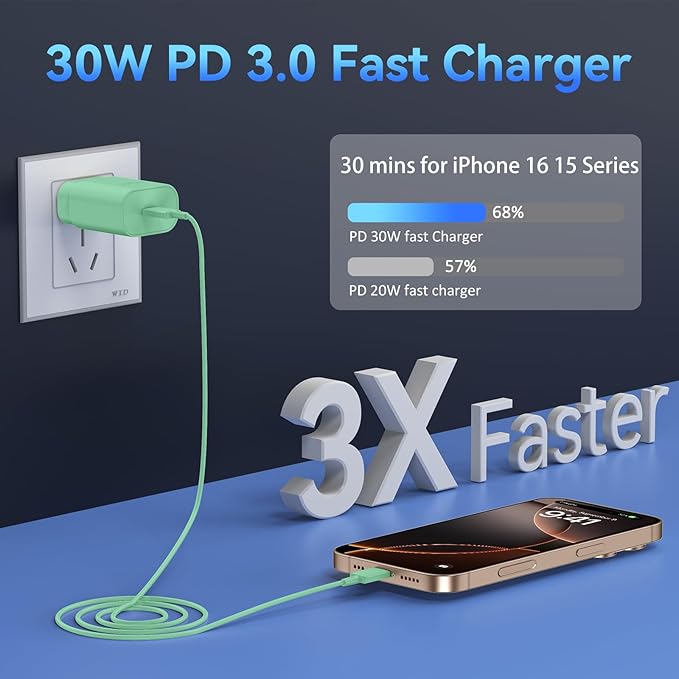 Phone 17 16 15 Charger Fast Charging,30W USB C Phone 17 16 15 Pro Max Charger Block &10FT Long Type C Cable Cord for i.Phone 17/Air/17 Pro/17 Pro Max/16/16 Plus/16 Pro/16 Pro Max/15/15 Pro Max,Green