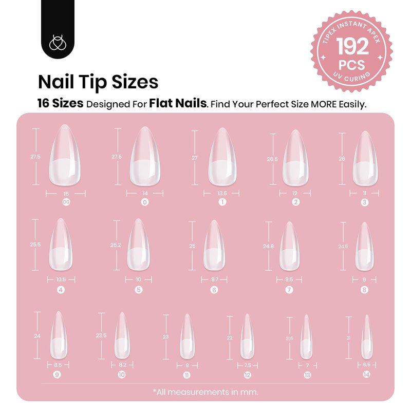 Beetles Tipex Instant Apex Nail Tips Medium Stiletto 16 Sizes 192 Pcs Pre-Etched Pre-Building Strong Thick Acrylic Tips
