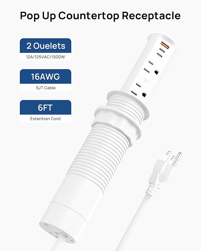 2 Inch Pop Up Outlet for Countertop & Office Desk,ETL Listed, 20W USB C Fast Charge,2 Outlets,3 USB,Recessed Power Grommet for Conference Table,Workstation,Hotel,Kitchen Island (White, 6 FT Cable)