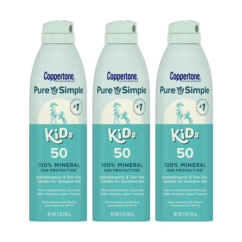 Coppertone Pure and Simple Kids Sunscreen Spray SPF 50, Zinc Oxide Mineral Sunscreen for Sensitive Skin, Hypoallergenic and Tear Free, 5 Oz Can, Pack of 3