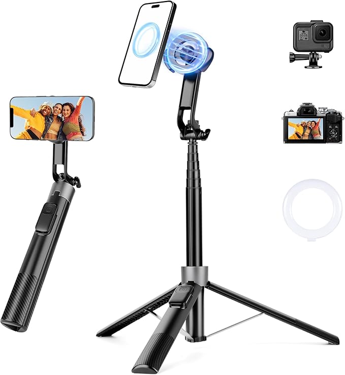 70" Magnetic Phone Tripod, Selfie Stick Tripod for iPhone MagSafe & Camera with Rechargeable Remote & 2 in 1 Magnetic Holder, 360° Rotatable Portable Cell Phone Stand for Travel Vlog Video Recording