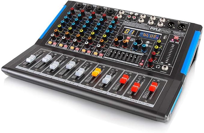 Pyle 6-Channel Console Style Audio Mixer with Bluetooth - DJ Sound Controller, 4 XLR / Combo Inputs, Sub Out, +48V Phantom, USB-A In, 16 DSP Effects, MP3 Player, 7-Band EQ - PMXU67BT