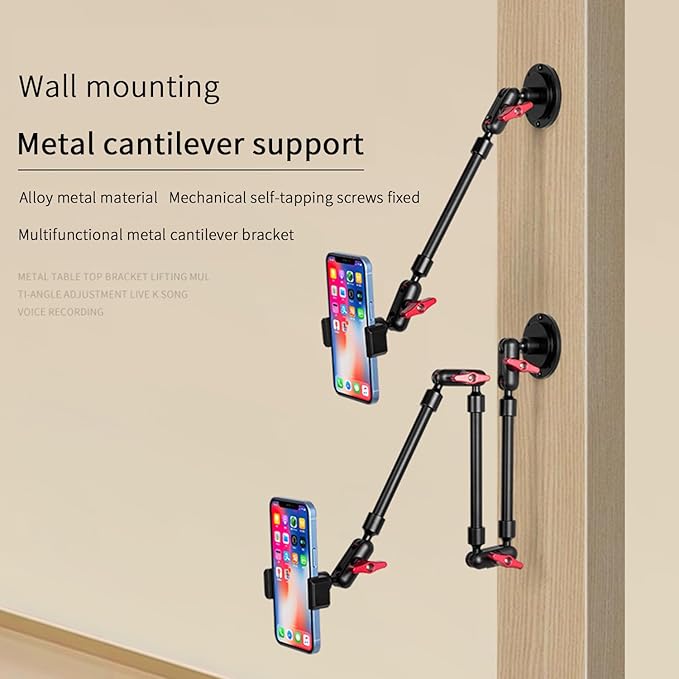 Wall Mounted Phone Holder Magic Arm 360° Rotation Adjustable Metal Base Screw in Wall Sturdy for Kitchen Bedroom Home 32 Inch Metal Phone Clip