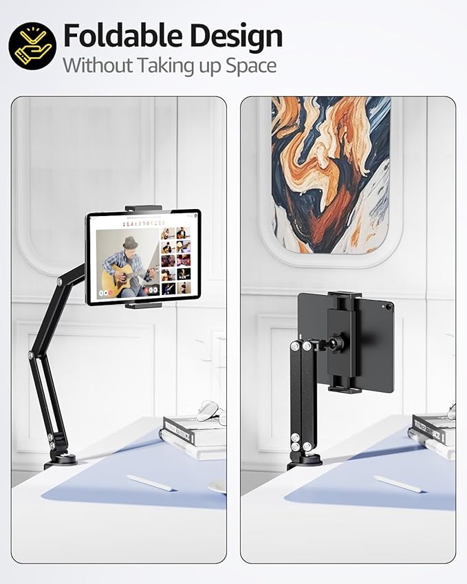 Urmust iPad Holder for Desk & Bed, Adjustable Foldable Tablet Arm iPad Holder Clamp Mount, 360° Rotation, Fits iPad Pro/Air/Mini, iPhone, Portable Monitor 4.7"–15.6" Device, Gifts for Tech Lovers