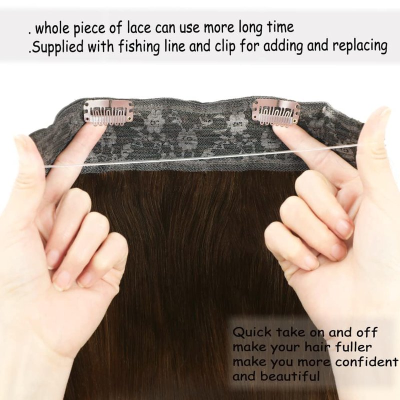 Real Human Hair Extensions - 12 Inch Chocolate Brown Straight Hair with Hidden Wire and Transparent Fish Line