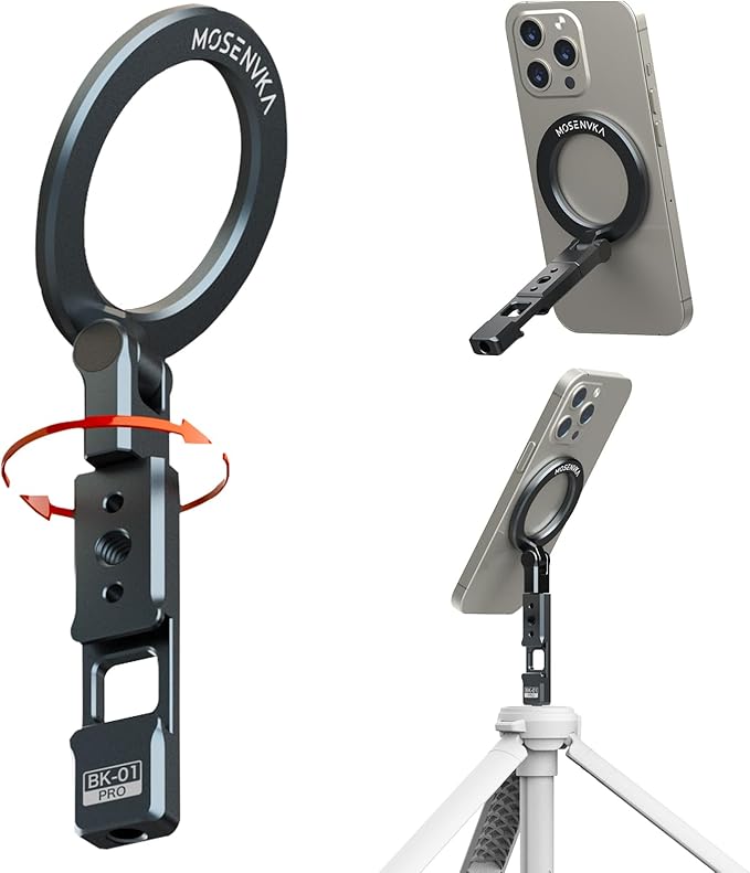 MOSENVKA Magnetic Phone Tripod Mount With 1/4" Hole&Cold Shoe,Foldable Travel Phone Stand Smartphone Tripod Adapter for iPhone Cell Phone Stand Holder for Desktop Video Live Streaming Vlogging Filming