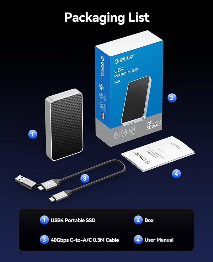 ORICO 1TB USB4.0 Portable SSD 3800MB/s(40Gbps), Ultra-Fast External Solid State Drive, Compatible with Thunderbolt 3/4, USB4, Fanless Aluminum Design, Works with Mac and PC-X40