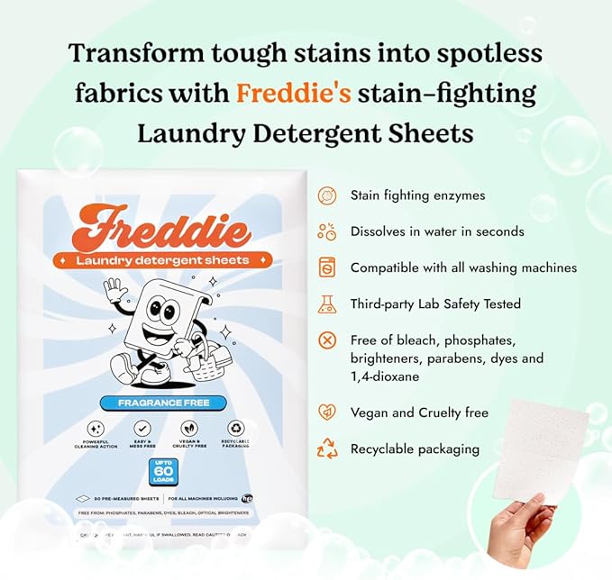 Freddie Low-Waste Laundry Detergent Sheets â Jug Free Format â Pre-Measured Strips â 60 Loads â Unscented for Sensitive Skin