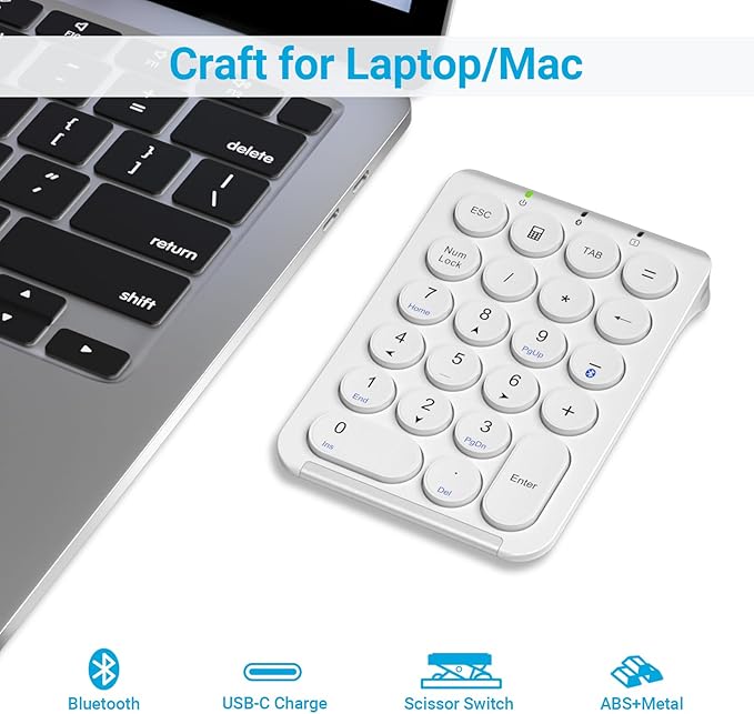 iClever KP08 Wireless Numeric Keypad, 22 Keys Bluetooth Number Pad Portable Number Keyboard, USB-C Rechargeable Numpad, Round Key, Data Entry, Compatible with Laptop, PC Desktop, Mac, Surface,Tablet