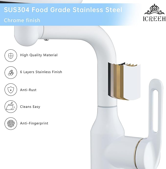Bathroom Sink Faucet 1 Hole, White Multifunctional Basin Faucet with 4 Water Outlet Modes, Modern 360°Rotatable Bar Tap with Two Water Supply Pipes