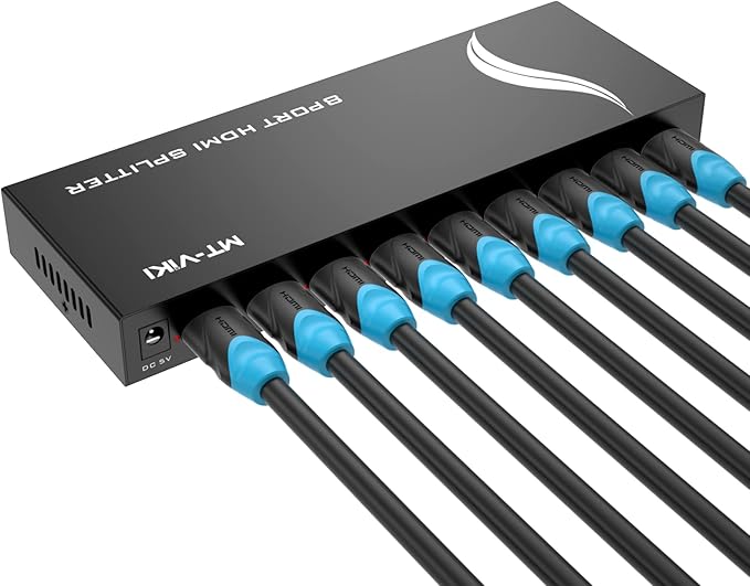 MT-VIKI HDMI Splitter 1 in 8 Out, Powered 8 Port HDMI Signal Duplicator Supports 4K@30Hz, Long Distance Transmission for Conference Room, Church,Classroom, Retail Display