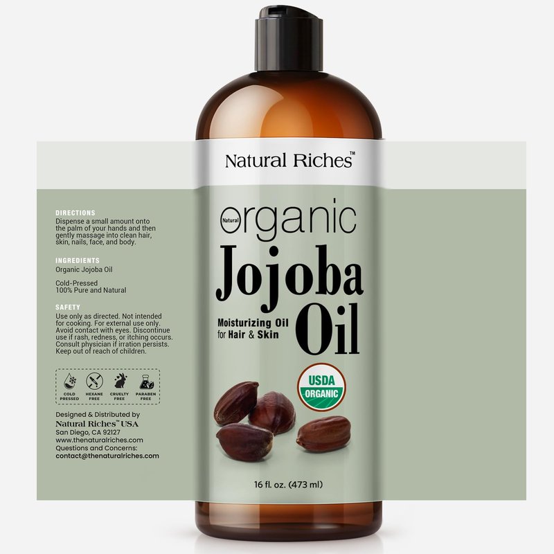 Natural Riches Organic Jojoba Oil, Pure (16 oz) | Moisturizing Oil for Face, Hair, Skin & Nails Cold Pressed Hexane Free Base Carrier oil.