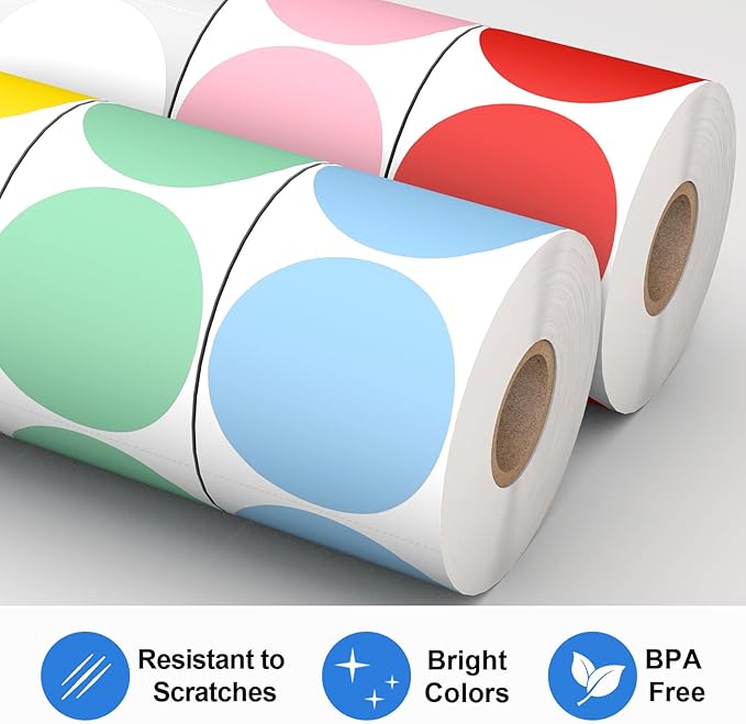 Printholic 6 Rolls 2" Color Circle Direct Thermal Stickers Labels, Self-Adhesive Round Thermal Labels Printer Stickers for Business, DIY, Code, Name Tag, Envelope Seal