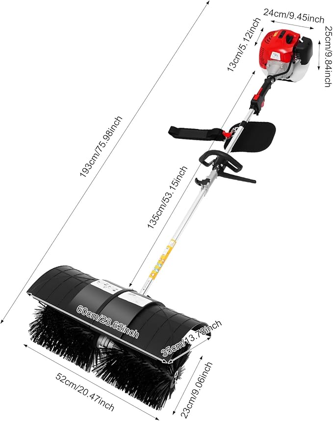 52CC 2-Stroke Gas Power Handheld Sweeper Broom, 1700W Driveway Turf Artificial Grass Snow Cleaner with 33.8-oz Fuel Tank, 20in Walk Behind Sweeper Lawn Cleaner Tools for Boulevards, Lawns, Sidewalks