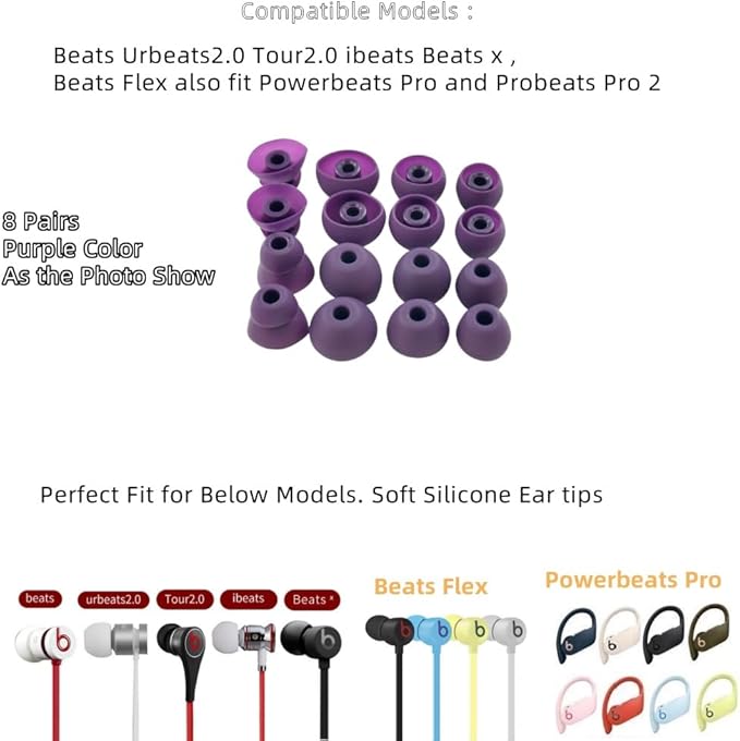 Aginkgo Replacement Ear Tips for Beats Urbeats2.0 Tour2.0 ibeats Beats x, Beats Flex Secure Fit for Powerbeats Pro Silicone Earbuds Washable Sweat-Resistant Noise Isolation 8 Pairs (Purple)