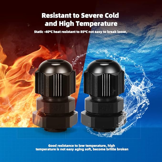 CGELE Cable Gland 20 Pack Plastic Waterproof Adjustable Connector 3-7mm PG7 Strain Relief Cord Connectors Joints Nylon with Gaskets