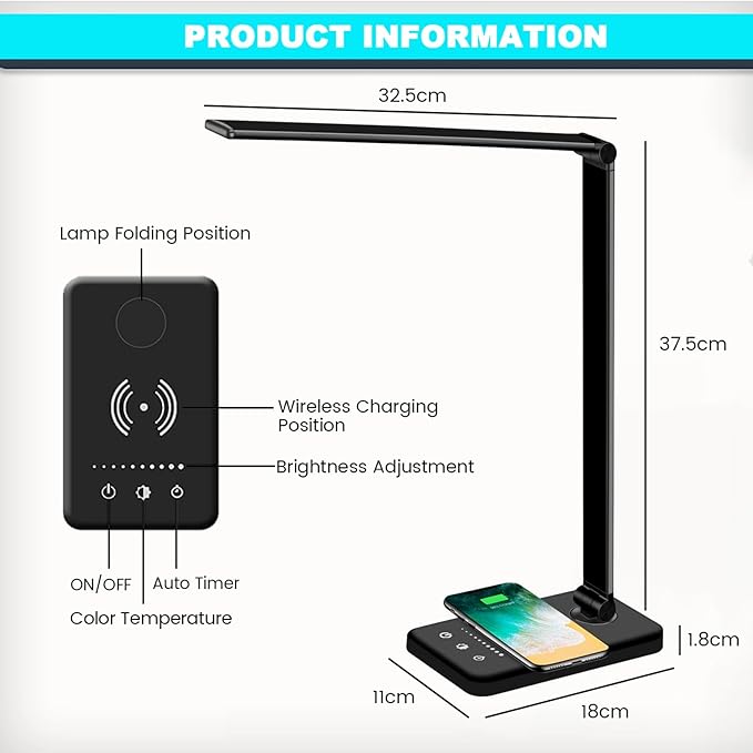 JOSTIC LED Desk Lamp with Wireless Charger, USB Charging Port, 10 Brightness, 5 Color Modes, Desk Lamps for Home Office, Dimmable Table Lamp Eye Caring Reading Light, Touch Control, Auto Timer, Black