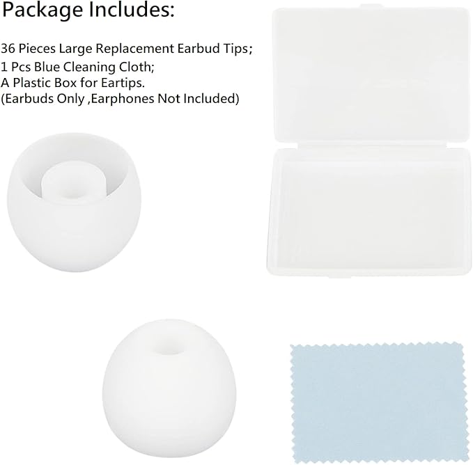 CYADCI 36 Pieces Large Earbud Tips Soft and Comfortable Silicone Earbud Tips Ear Bud Replacement Pieces Silicone Fit Most in-Ear Headphones，Inner Hole 3.8mm -5.5mm，Large White Earbuds Silicone Tips