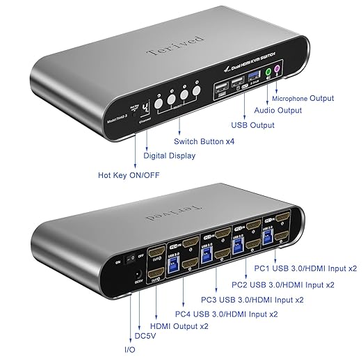 Terived 4 Computers 2 Monitors USB 3.0 HDMI KVM Switch 4K@60Hz with Hotkey Switching, Automatic Switching 4 Port Dual Monitor, Aluminum, Digital Display, USB 3.0 Audio/Mic, EDID, HDR10 with Cables