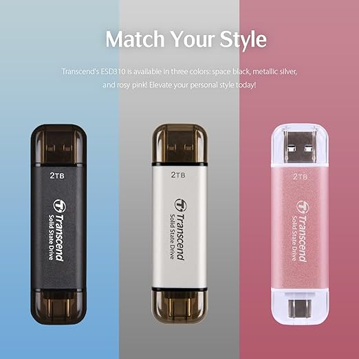 Transcend ESD310 512GB External SSD, Up to 1,050MB/s, Dual USB Flash Drive for iPhone/iPad/Mac/Windows/Android/Tablet/PC, USB3.2Gen2 Thumb Drive Photo Stick, 2-in-1 Type C &Type A Memory Stick-Silver