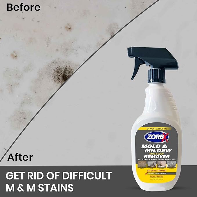 ZORBX Extra Strength Remover & Cleaner Spray 24 FL Oz â Scrub Free Formula - Bleach Free Stain & Smell Eliminator for Shower, Bathroom, Ceiling, Carpet, Cars, Walls & Wood