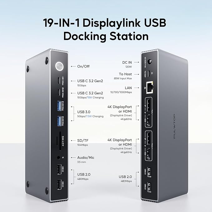 PULWTOP Displaylink Docking Station, USB C Docking Station Dual Displays for MacBook M1/M2/M3/M4 Windows, 4K@60Hz Displaylink Dock with 2 HDMI, 2 Display Port, 2USB C Data, 6 USBA, Ethernet, Audio