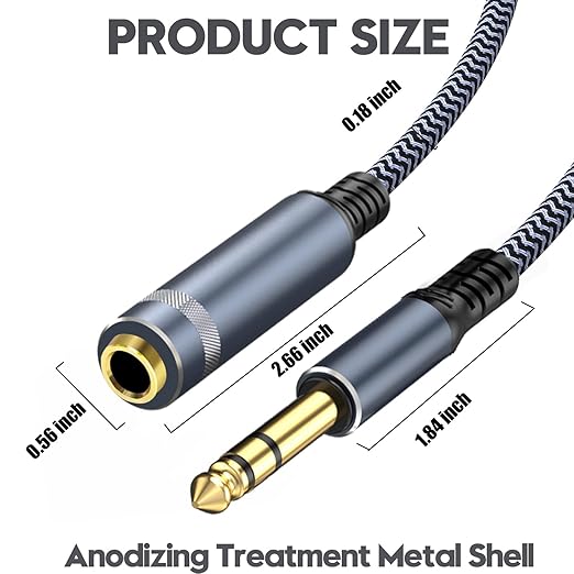 GOSYSONG 1/4 inch Extension Cable 40ft, 1/4"" inch Male to Female Stereo Headphone Guitar Extension Cable, Quarter inch Headphone Extension Cable, Grey