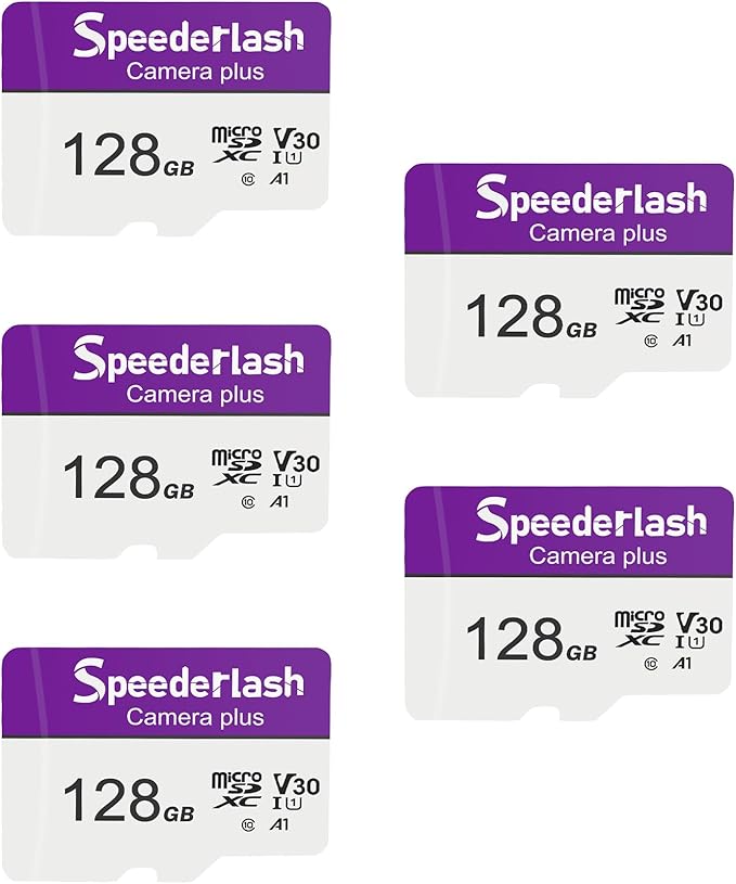 Micro SDXC Memory Card 128GB 5 Pack, Speederlash Camera Plus TF Card with Adapter, U3 V30, Up to 90MB/s Read Speed, 4K UHD&5K Video Support, U3, V30, A1 Rated, Waterproof, for Security Camera, Dashcam