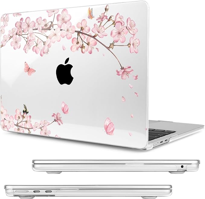 MecBevia Compatible with 2026 M5 MacBook Air 13 inch Case 2026 2025 2024-2022 M5 A3449 M4 A3240 M3 A3113 M2 A2681, Keyboard Cover, Screen Protector, Webcam Cover & Type-C OTG, Butterflies Sakura